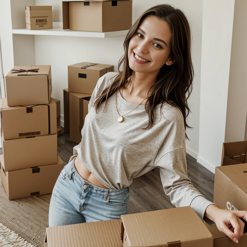 An attractive model, captured from an overhead selfie perspective, is holding a large eBay box. She smiles naturally, with loose hair and a casual chic outfit. The setting is a modern home with minimalist decor, allowing sufficient space around the model for text placement.