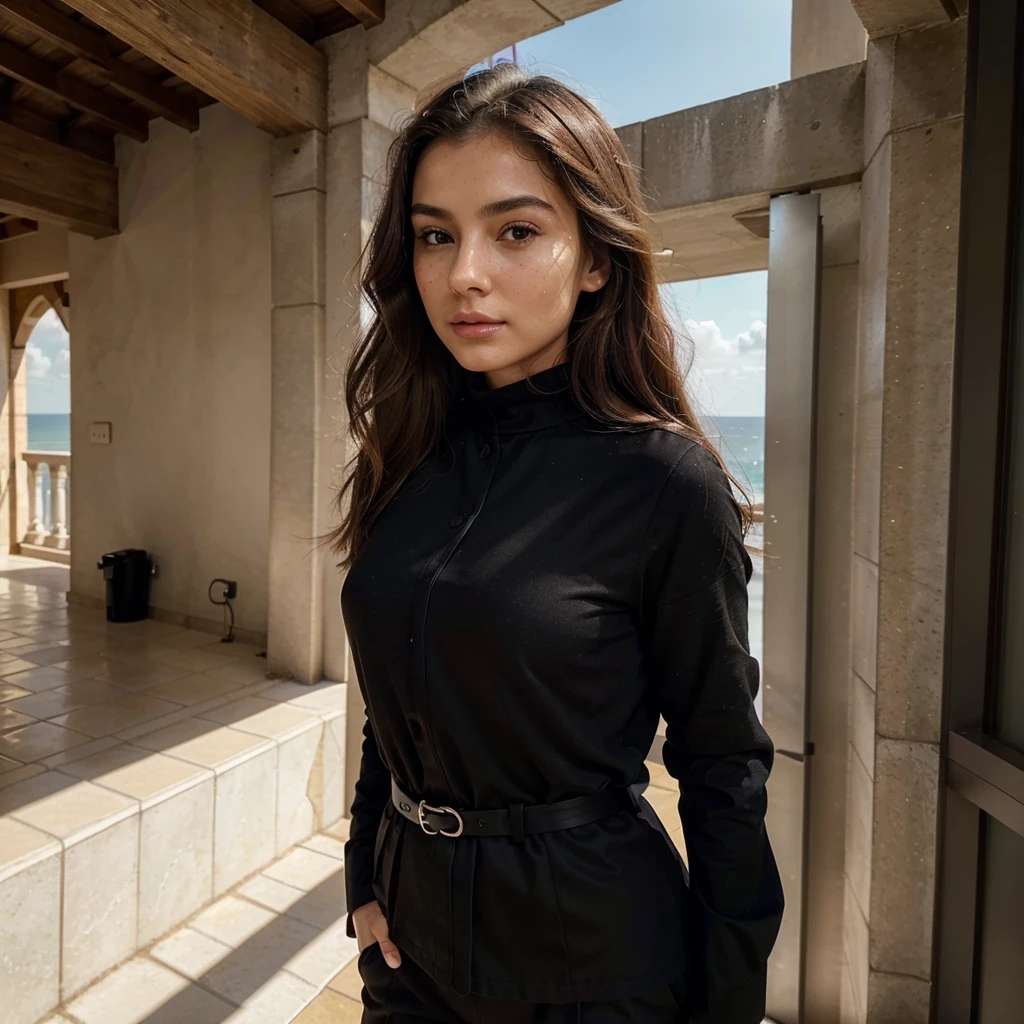 Create a very realistic and beautiful model with the following detailed features: Gender: Female, Age: Young adult (approximately 20-25 years old), Hair: Long, wavy and reddish with a natural shine, gently cascading around the shoulders and back back. . . . . . . . . . . . . , Eyes: Bright green with a captivating, slightly almond-shaped look, detailed with natural highlights, Skin: Fair complexion with a light texture, including natural freckles on the nose and cheeks, giving a youthful and vibrant appearance: Fair complexion with a light texture, including natural freckles on the nose and cheeks, giving a youthful and lively appearance, Face: with a smooth and natural contour, soft, full lips with a slight pinkish tint and a slightly delicate upturned nose, Expression : a gentle face, with a touch of mischief, which conveys warmth and approachability, Clothing: in a black suit and black sunglasses standing in an accentor, wearing a black suit, a black suit, a black outfit, a black suit and glasses, a black restrained suit, a black silky outfit, fashionable black clothes, a Girl in a suit, wears black clothes, Girl in a suit, Smooth black tight-fitting suit, wears an elegant outfit, haute couture chic, All black , Background: the model is in an accesor, start in accensor, accensor, accensor Pose: relaxed and confident posture, start on an open roof, end of sunny day, sea view in the background. aesthetic, Unsplash, Neoclassicism, Complex background, Best quality, hyper detailed, Gratty Sita, 64K, Light design
