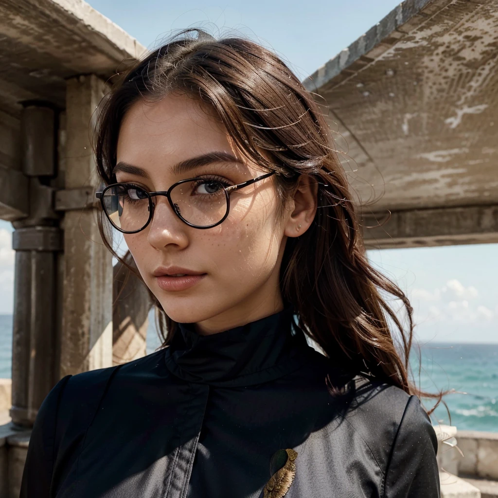 Create a very realistic and beautiful model with the following detailed features: Gender: Female, Age: Young adult (approximately 20-25 years old), Hair: Long, wavy and reddish with a natural shine, gently cascading around the shoulders and back back. . . . . . . . . . . . . , Eyes: Bright green with a captivating, slightly almond-shaped look, detailed with natural highlights, Skin: Fair complexion with a light texture, including natural freckles on the nose and cheeks, giving a youthful and vibrant appearance: Fair complexion with a light texture, including natural freckles on the nose and cheeks, giving a youthful and lively appearance, Face: with a smooth and natural contour, soft, full lips with a slight pinkish tint and a slightly delicate upturned nose, Expression : a gentle face, with a touch of mischief, which conveys warmth and approachability, Clothing: in a black suit and black sunglasses standing in an accentor, wearing a black suit, a black suit, a black outfit, a black suit and glasses, a black restrained suit, a black silky outfit, fashionable black clothes, a Girl in a suit, wears black clothes, Girl in a suit, Smooth black tight-fitting suit, wears an elegant outfit, haute couture chic, All black , Background: the model is in an accesor, start in accensor, accensor, accensor Pose: relaxed and confident posture, start on an open roof, end of sunny day, sea view in the background. aesthetic, Unsplash, Neoclassicism, Complex background, Best quality, hyper detailed, Gratty Sita, 64K, Light design