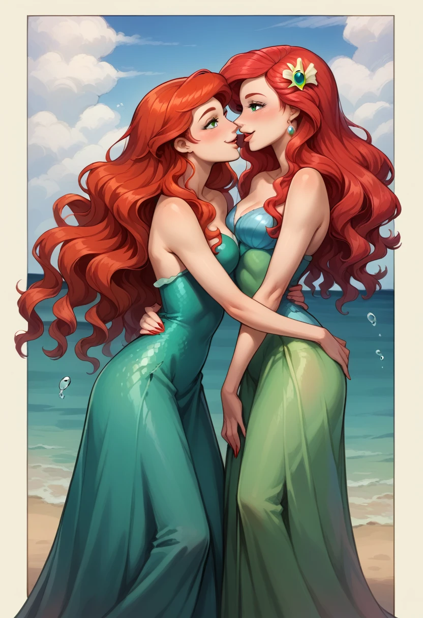 Score_9, score_8_up, score_7_up, rating_safe, source_comic, detailed soft lighting, 2girls, BREAK, Ariel from Little Mermaid, (red hair, short wavy hair, scarlet red mini dress:1.3), BREAK, Ariel from Little Mermaid, (red hair, long wavy hair, green long dress:1.5), BREAK yuri, girlfriends, kissing with tongues, horny, smile, beautiful eyes, open eyes, (masterpiece, best quality, highly detailed, beautiful), SFW.
