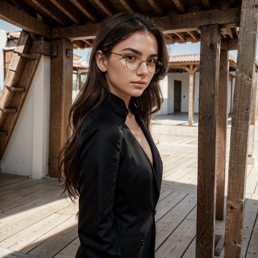 Create a very realistic and beautiful model with the following detailed features: Gender: Female, Age: Young adult (approximately 20-25 years old), Hair: Long, wavy and reddish with a natural shine, gently cascading around the shoulders and back back. . . . . . . . . . . . . , Eyes: Bright green with a captivating, slightly almond-shaped look, detailed with natural highlights, Skin: Fair complexion with a light texture, including natural freckles on the nose and cheeks, giving a youthful and vibrant appearance: Fair complexion with a light texture, including natural freckles on the nose and cheeks, giving a youthful and lively appearance, Face: with a smooth and natural contour, soft, full lips with a slight pinkish tint and a slightly delicate upturned nose, Expression : a gentle face, with a touch of mischief, which conveys warmth and approachability, Clothing: in a black suit and black sunglasses standing in an accentor, wearing a black suit, a black suit, a black outfit, a black suit and glasses, a black restrained suit, a black silky outfit, fashionable black clothes, a Girl in a suit, wears black clothes, Girl in a suit, Smooth black tight-fitting suit, wears an elegant outfit, haute couture chic, All black , Background: the model is in an accesor, start in accensor, accensor, accensor Pose: relaxed and confident posture, start on an open roof, end of sunny day, sea view in the background. aesthetic, Unsplash, Neoclassicism, Complex background, Best quality, hyper detailed, Gratty Sita, 64K, Light design
