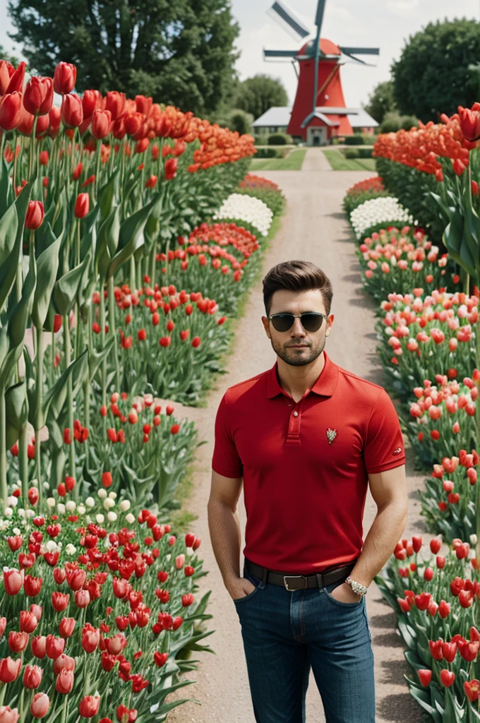 Man short hair wearing sunglasses , red polo shirt and jeans, standing in front of red tulips garden and windmills