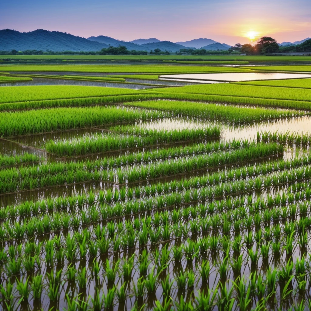 Summer evening、Spreading Blue々Rice fields with squares and streams running between them。Rice swaying in the wind、Sunset sky。With the sounds of frogs singing and the river babbling,、Relaxing time in nature。