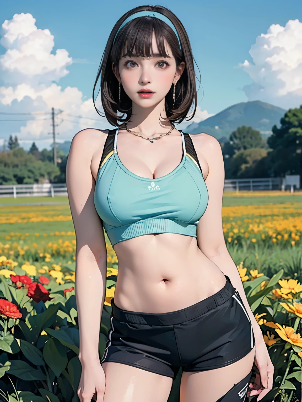 ((((Highest quality))))、(((Ultra-precision CG16K wallpaper)))、(((masterpiece)))、(((Super detailed)))、(((Extreme detail)))、((１Mature 29 year old woman:1.6))、((Very beautiful Japan face of a person))、((Urizane Face:1.8))、((Short bob straight hair、blunt bangs:1.6))、(Shiny Hair)、A delicately drawn beautiful face、(Dark Eyes、Shining Eyes)、double eyelid、High nose、Small nostrils、Small Mouth、Seductive lips、Beautiful breasts、((B cup size breasts))、Cleavage、A small vertical belly button、Delicate nails、Beautiful feet、((Thin thighs))、eight-headed body、Perfect proportions、Perfect Anatomy、Perfect composition、Beautiful detailed shading、Beautiful, natural lighting、Beautiful detail glow、Depth of written boundary、(((High chroma)))、(((Real:1.9)))、((vivid:1.5))、((Beautiful Skin))、((Skin Texture))、((Realな皮膚感))、(((Cowboy Shot:1.6)))、(((front view、shoot from front、front low angle:1.6)))、(((Half-open mouth、Surprised face:1.5)))、(((looking at camera:1.6)))、Bright daylight、Natural light、(((background_Flower Field、Sky and Clouds:1.5)))、(Walking Pose:1.6)、(((Light blue sports bra&Yoga shorts clothing:1.6)))、((hair band、necklace、Wearing earrings:1.5))、