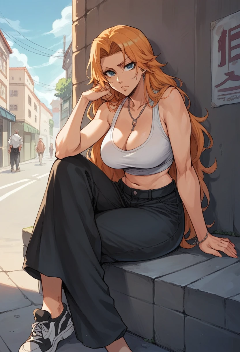 Rangiku Matsumoto from Bleach, big breasts, sitting on the street, modern, light and shadow details, 8K Image Quality