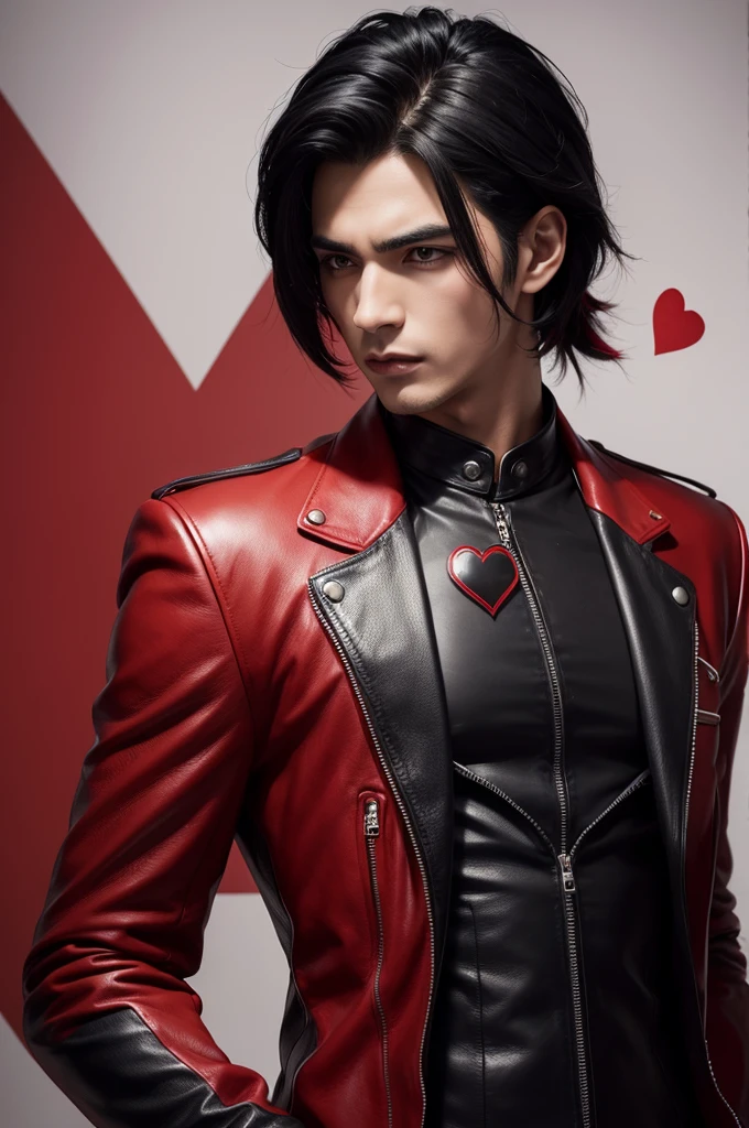 male character, black hair with a red streak, stylish leather clothes with decorations in the suit of hearts