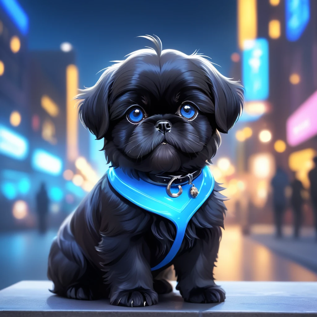 cute black black shih tzu puppies, glowing blue eyes, wearing glowing blue collars, blurred city background, cute numbers, 3D rendering, bright lights, vivid colors,