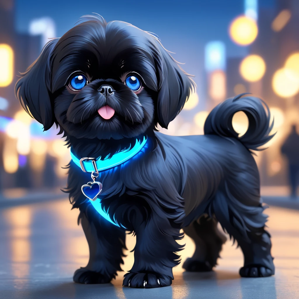 cute black black shih tzu puppies, glowing blue eyes, wearing glowing blue collars, blurred city background, cute numbers, 3D rendering, bright lights, vivid colors,