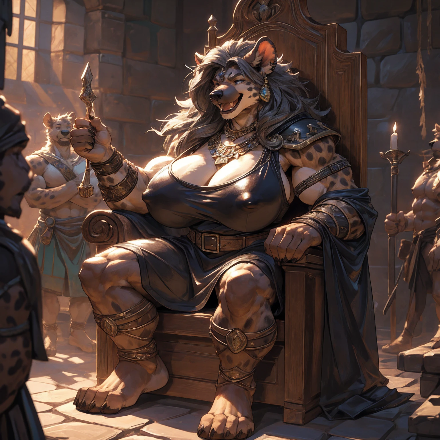 uploaded to e621.net, masterpiece, 8k, hyena woman, matriarch, female, beige fur, spots, gray hair, buff, muscular, barbarian queen, (leather clothing:1.3), wooden throne, wooden keep, primitive room, stone room, seated, casual posture, buff, muscular, massive, bodybuilder, (huge breasts:1.2), nipple outline, covered breasts, laughing, crowded, supplicants, worshipers, by darkgem, 