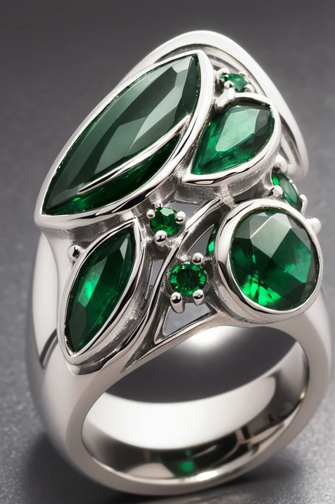 Silver ring with a single emerald stone in the center , a marble background. 