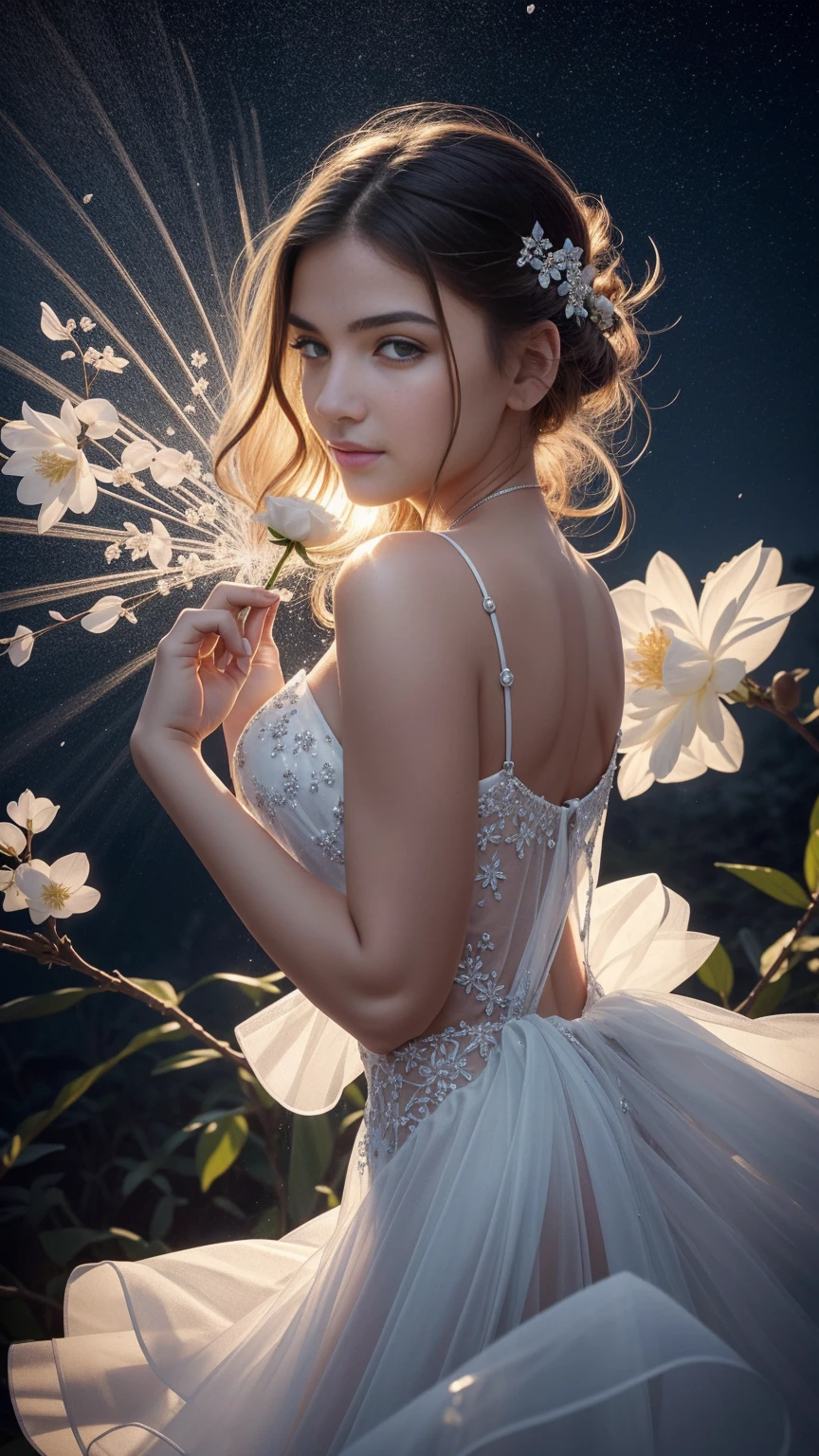 девушка стоит на замерзшем льду в ярких тонах Greek beautiтакой жеul young 18 year old GIRL WITH A MODEL APPEARANCE, симметричные глаза,составить,Ювелирные изделия,с длинными темными волосами,В КРАСНО-ЧЕРНОЙ МИНИ-ЮБКЕ Envision a field of ethereal flowers at dusk, their petals a mesmerizing dance of orange, azure, and white. The blooms start with vibrant, saturated hues at their centers, gradually becoming translucent towards the petal tips, as if dissolving into the air. Glittering dust motes swirl around the flowers, catching the last light of day and the first glow of the blossoms. Droplets of the purest water cling to petals and leaves, each one a perfect sphere reflecting the world in miniature. Amidst this wonder, delicate 3D crystalline hearts float, their facets catching and refracting the bioluminescent light. The scene is rendered in high detail, every vein in each leaf and every sparkle of light in sharp focus, creating a landscape that is both magical and hyper-real.Picture a close-up of a single, large biofluorescent flower. Its inner petals pulse with a warm orange glow, transitioning to a cool blue towards the edges, which are so translucent they seem to merge with the air. The pistils and stamens are a brilliant white, emitting a soft, pulsating light. Around the flower, a galaxy of luminous particles dances, creating intricate patterns that mimic constellations. Suspended in mid-air are perfect drops of water, each one acting like a tiny lens, magnifying and distorting the glow behind it. Hidden among the petals, find tiny, shimmering 3D hearts, as if the flower's very essence is love made visible. The entire scene is captured with crystal clarity, every detail from the flower's delicate texture to the light's play on water droplets rendered in exquisite, high-definition detail.