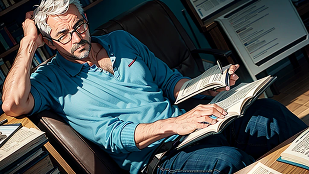 seemingly unsuccessful middle-aged man with an open book studying 