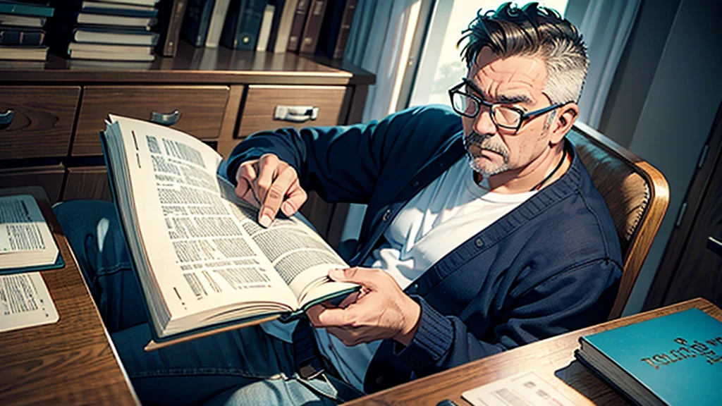 seemingly unsuccessful middle-aged man with an open book studying