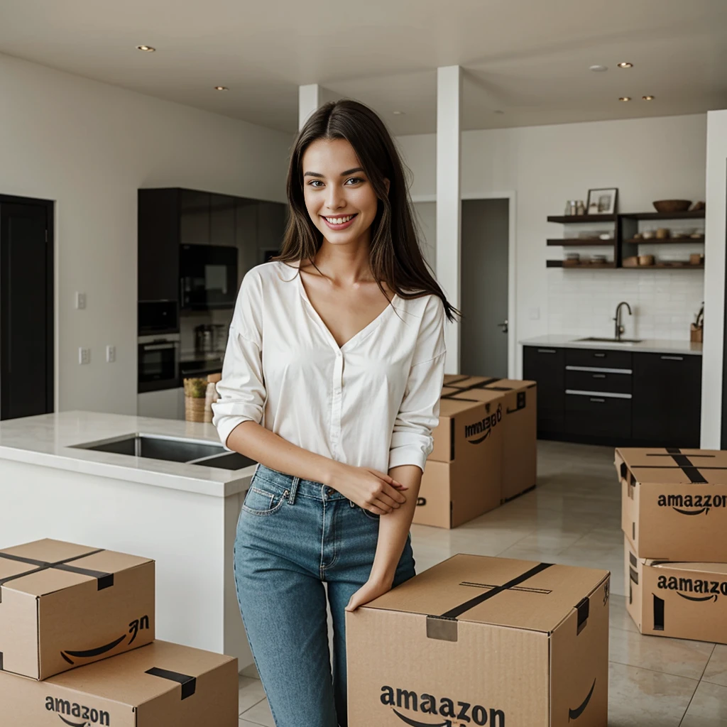 An attractive model, captured from an overhead selfie perspective, is holding a large Amazon box. She smiles naturally, with loose hair and a casual chic outfit. The setting is a modern home with minimalist decor, allowing sufficient space around the model for text placement.