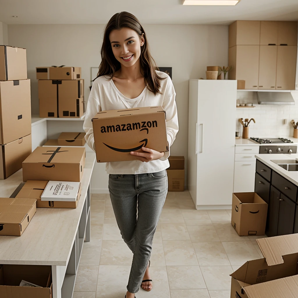 An attractive model, captured from an overhead selfie perspective, is holding a large Amazon box. She smiles naturally, with loose hair and a casual chic outfit. The setting is a modern home with minimalist decor, allowing sufficient space around the model for text placement.