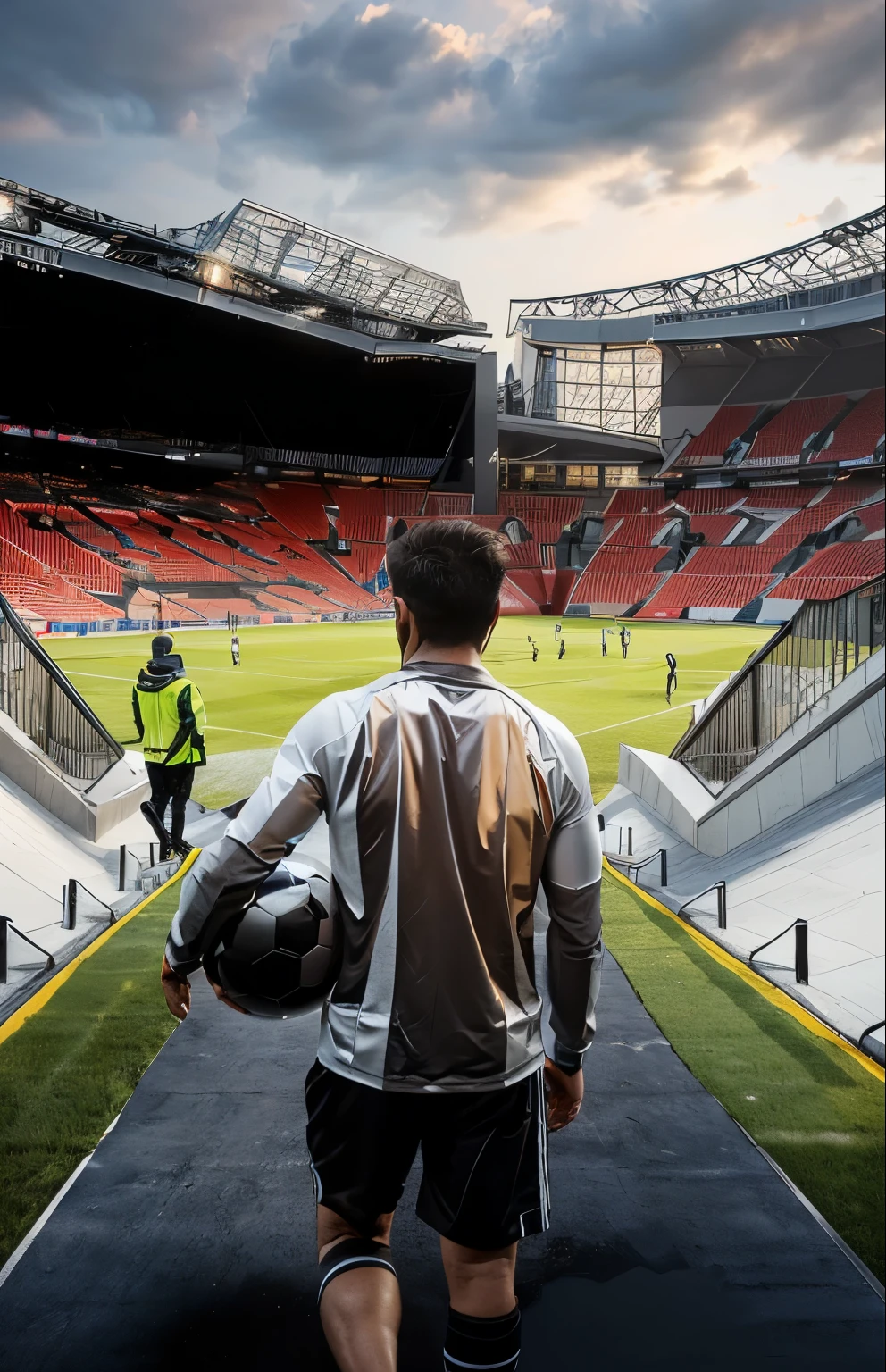 there is a man walking down a path with a soccer ball, photo render, stadium, futuristic sport arena, standing in a stadium, soccer stadium, thriller atmosphere, getty images, photoshoot, realism, highly detailed stadium, photo render