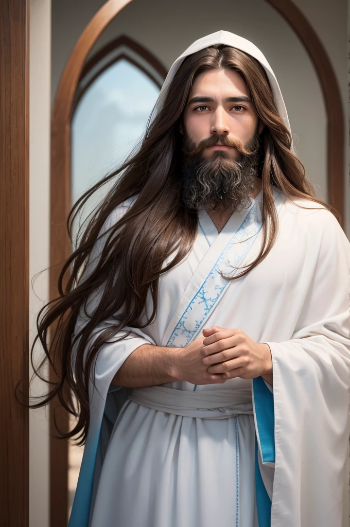 Imagine a serene figure, with an expression of peace and kindness. He has long brown hair, falling on shoulders, and full beard. His eyes are deep and compassionate, reflecting wisdom and love. Jesus is dressed in a simple robe, usually white, and a cloak that can be blue or red, symbolizing his divinity and sacrifice.