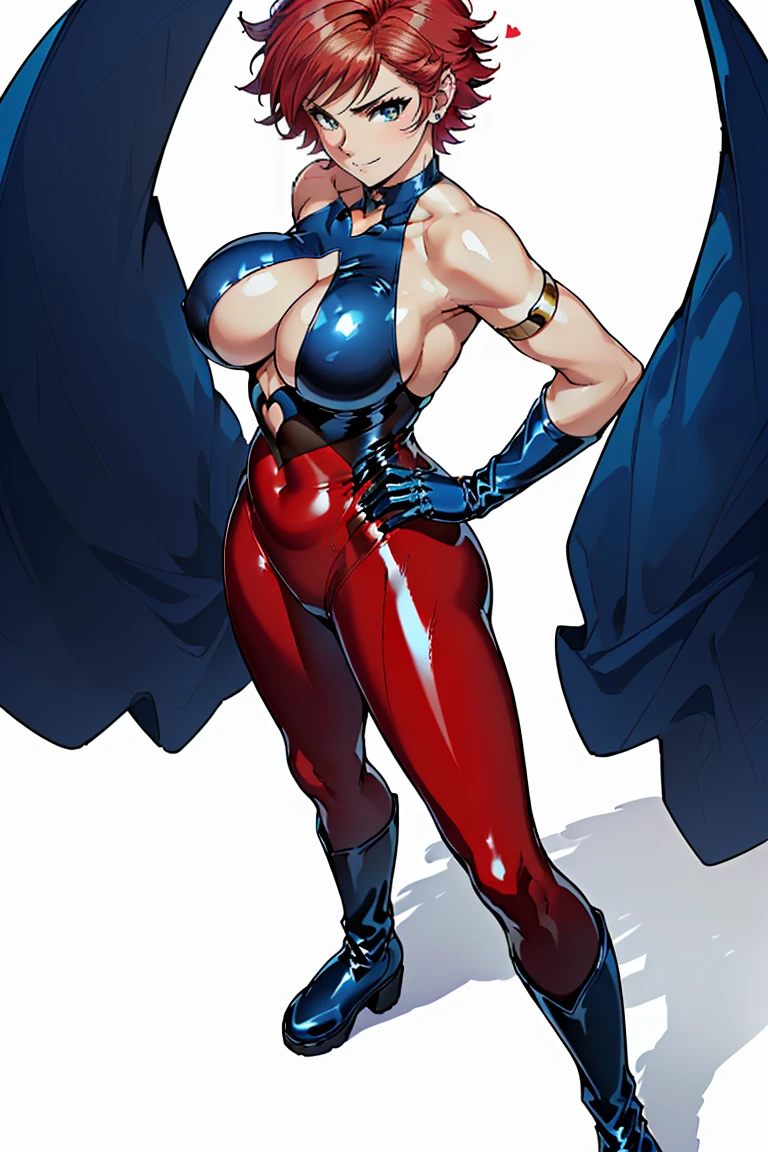 ((Masterpiece, top quality, high resolution, highly detailed CG unified 8K wallpaper)), (huge stunning goddess shot, very hot and sexy, jaw-dropping beauty, perfect proportions, beautiful body, slim body beauty:1.1), 1 woman, (cutie honey, Red hair, short hair, big eyes, Detailed face and eyes, staring at camera:1.3), (Blue and red tight suits, Detailed latex suit, glossy, blue tops, Red from belly to legs, Detailed, midrift top, cleavage cutout, cleavage, bare shoulders, bare backs, choker with heart symbol, yellow gloves, elbow gloves, yellow boots, long boots, armlet:1.4), hands on hips, feet spread apart, smile, Dynamic angle, action pose, android girl, machine background,