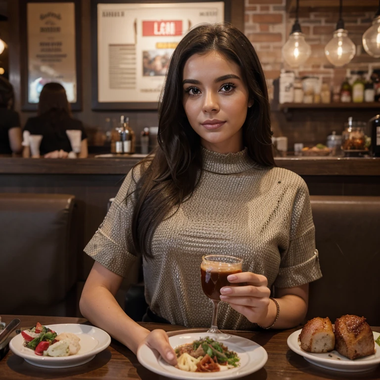 female influencer in a restaurant, dark hair, beautiful, details, poses photographyundefined, undefined, high resolution, 