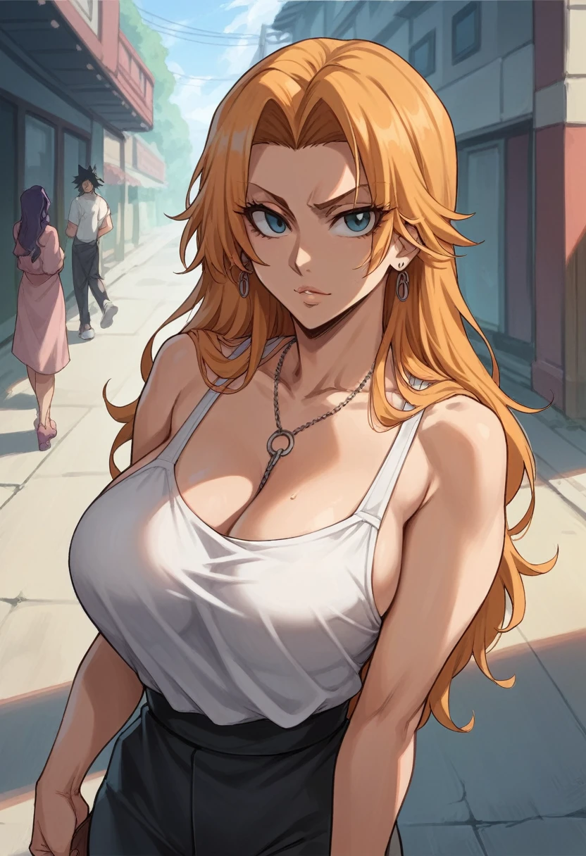 Rangiku Matsumoto from Bleach, big breasts, on the street, light and shadow details, flawless picture, 8K Image Quality