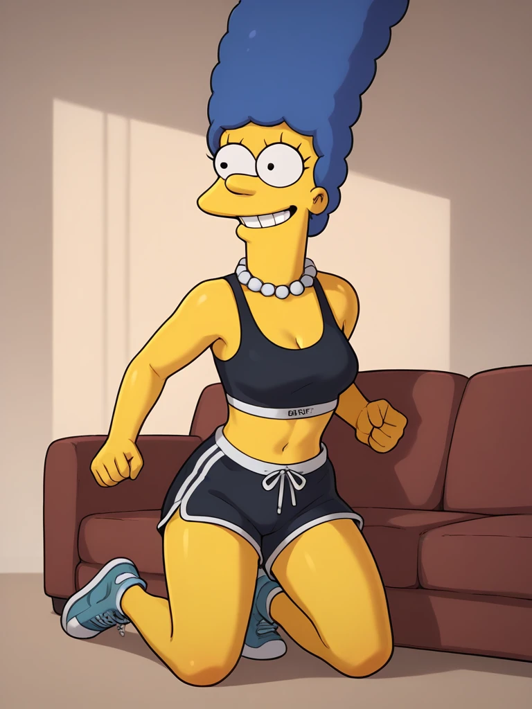 marges, blue hair, 1girl, solo, yellow skin, pearl necklace, running shorts, sports bra, smile, score_9, score_8_up, score_7_up, score_6_up, score_5_up, score_4_up, facing viewer, kneeling on couch, portrait, full body,  zPDXL flat color,