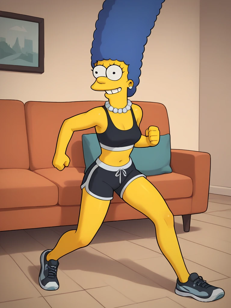 marges, blue hair, 1girl, solo, yellow skin, pearl necklace, running shorts, sports bra, smile, score_9, score_8_up, score_7_up, score_6_up, score_5_up, score_4_up, facing viewer, kneeling on couch, portrait, full body,  zPDXL flat color,