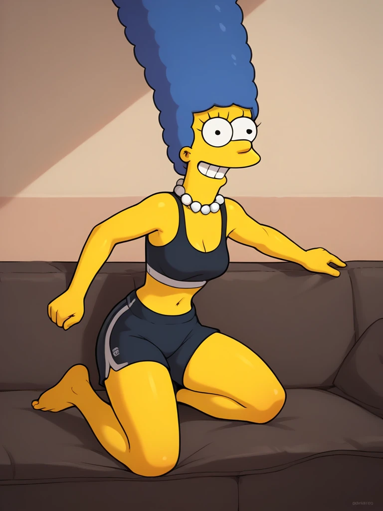 marges, blue hair, 1girl, solo, yellow skin, pearl necklace, running shorts, sports bra, smile, score_9, score_8_up, score_7_up, score_6_up, score_5_up, score_4_up, facing viewer, kneeling on couch, portrait, full body, zPDXL flat color,