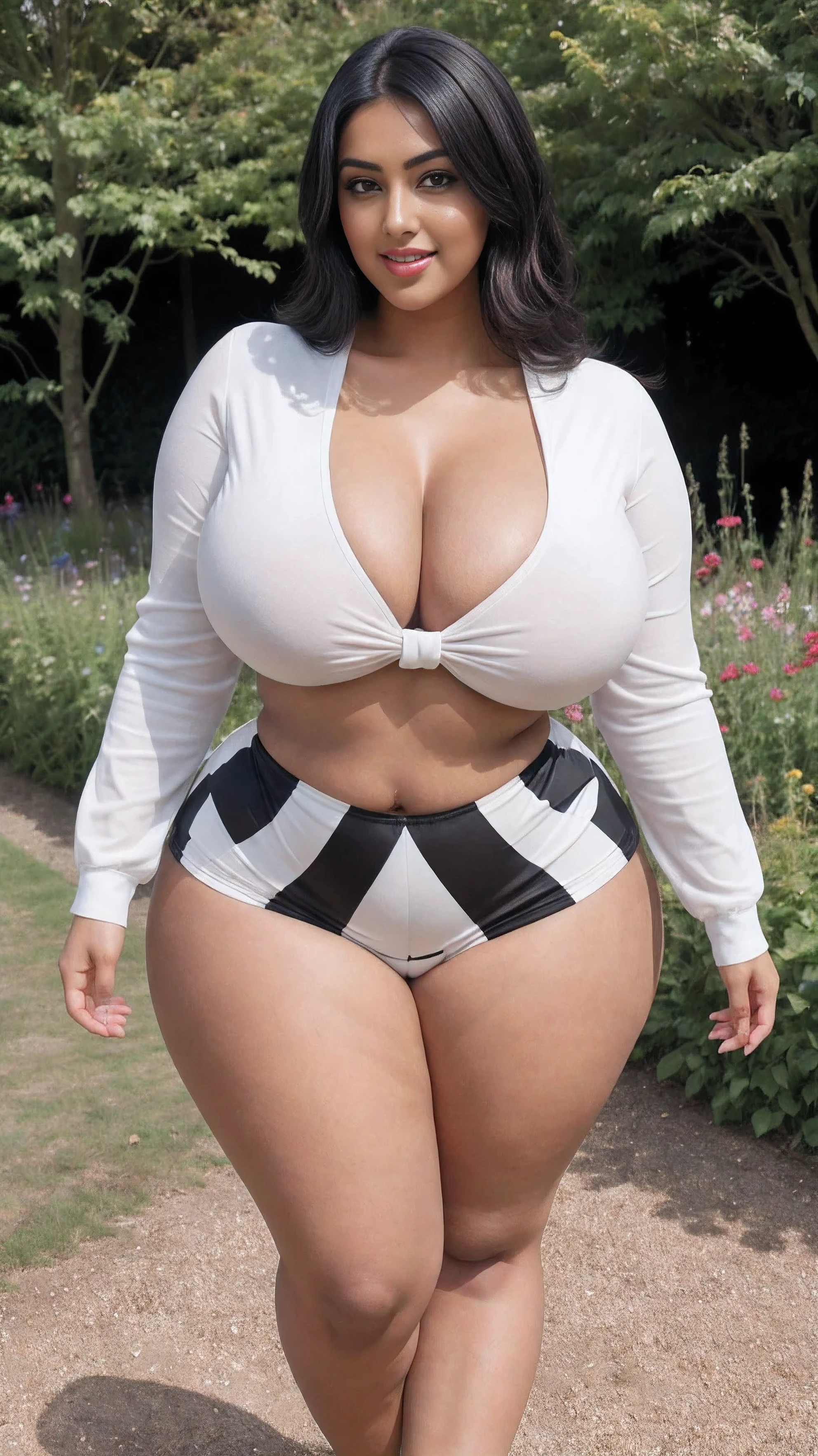 swastika mukharjee Indian beautiful woman curvy plus size hour glass bulky huge figure woman, closeup camera view, big huge m-cup breast, wearing SHEIN Young Girl Cartoon Graphic Bow Front Tee & Dalmatian Print Shorts Color: White , covered Bust , elegant standing position, eye contact view, different style hairstyle, bright eyes, thin eyebrows, fair skin, blushing cheeks, prefect head to toe view, full body, ideal for high-fashion or editorial shoots, ultra realistic skin texture, head to toe view, full body shot, full body view, smile face, black hair, Indian face, perfect skin tone light, ultra realistic skin texture, bigger waist, busty, big hips, fleshy thighs, thick thighs, busty, full body view, English Countryside Cottage: Charming cottage with a blooming garden.