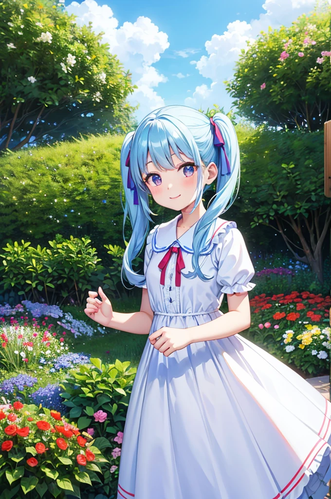 Light blue long hair、Beautiful girl with twin tails、The dress has a cute big red ribbon、White Dress、Bright smile、blue sky、A lawn garden with lots of flowers blooming