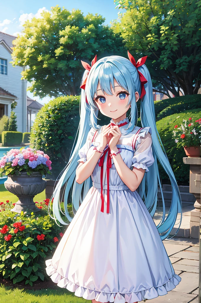 Light blue long hair、Beautiful girl with twin tails、The dress has a cute big red ribbon、White Dress、Bright smile、blue sky、A lawn garden with lots of flowers blooming