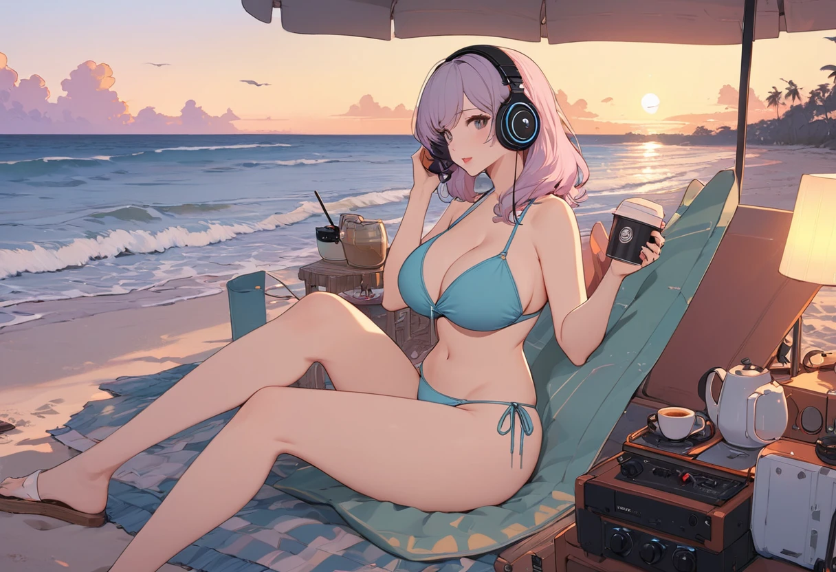 ((masterpiece)), ((best quality)), 8k, high detailed, ultra-detailed, A woman in a bikini at the beach, (large breasts:1.3), full body shot, wearing beach accessories, enjoying coffee, listening to music with headphones, evening setting, lofi atmosphere, woman, bikini, beach accessories, coffee, headphones, evening, lofi vibe
