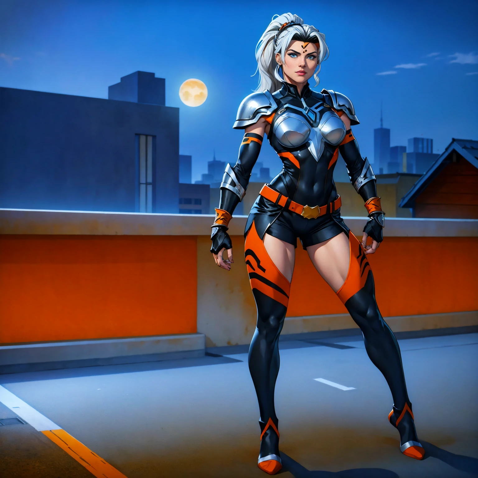((Full body photo, standing, feet on the floor)) (best quality,4k,8k,highres,masterpiece:1.2),ultra-detailed,(realistic,photorealistic,photo-realistic:1.37),full body shot,Rogue,X-Men,yellow thigh high boots,beauty pose, standing tall, show feet, outside, city rooftop at night, green headband, with Ponytail, Light Blue Eyes, Round Glasses with a Slightly Dark Lens with this Lens being Orange, and the Light Blue Color frame, ((Black Metallic Gauntlets and Greaves with Orange and Silver Highlights)), (((The Clothes Have a Mix of Modern and Tribal))), (((The Clothes Have a Mix of Modern and Tribal))), having mostly the color black, but having parts in orange, shoulders exposed, at the hip a shorts that extend to half of the thigh of black color.