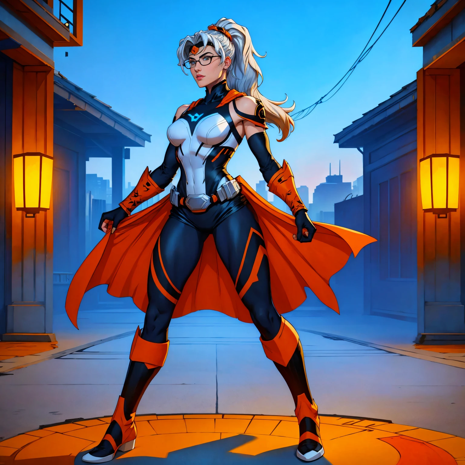 ((Full body photo, standing, feet on the floor)) (best quality,4k,8k,highres,masterpiece:1.2),ultra-detailed,(realistic,photorealistic,photo-realistic:1.37),full body shot,Rogue,X-Men,yellow thigh high boots,beauty pose, standing tall, show feet, outside, city rooftop at night, green headband, with Ponytail, Light Blue Eyes, Round Glasses with a Slightly Dark Lens with this Lens being Orange, and the Light Blue Color frame, ((Black Metallic Gauntlets and Greaves with Orange and Silver Highlights)), (((The Clothes Have a Mix of Modern and Tribal))), (((The Clothes Have a Mix of Modern and Tribal))), having mostly the color black, but having parts in orange, shoulders exposed, at the hip a shorts that extend to half of the thigh of black color.