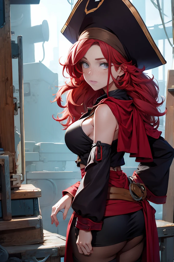 Ginger woman,1girll, freckles,28 year old,Red hair,double tails, Practical pirate clothing, (Long-sleeved pirate top), Skirt,Torn pirate hat, view the viewer, fantasy,Cinematic lighting,Masterpiece,