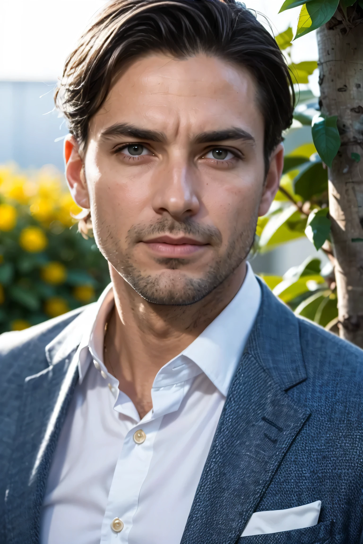 (((face fully illuminated by sunlight, leaving vittorio with a clear face))),(portrait:1.5), Description: 44-year-old man with confident and friendly appearance. He has dark brown hair, slightly wavy and well combed. His eyes are light brown, expressive and convey intelligence and empathy. He has a touch of maturity to his face. Your skin is clear, with a healthy tone. He wears a light blue shirt and a dark gray blazer, conveying a professional and approachable image. The background is a garden, highlighting Vittorio's face and expression. ((generate an image with a clear and expressive face, with eyes that convey intelligence and empathy))(((clear and expressive face, with eyes that convey intelligence and empathy)) ), background garden, morning day, sunlight