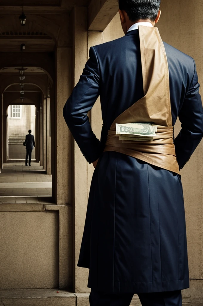 A man hiding money behind his back. So that someone else doesn't see it.