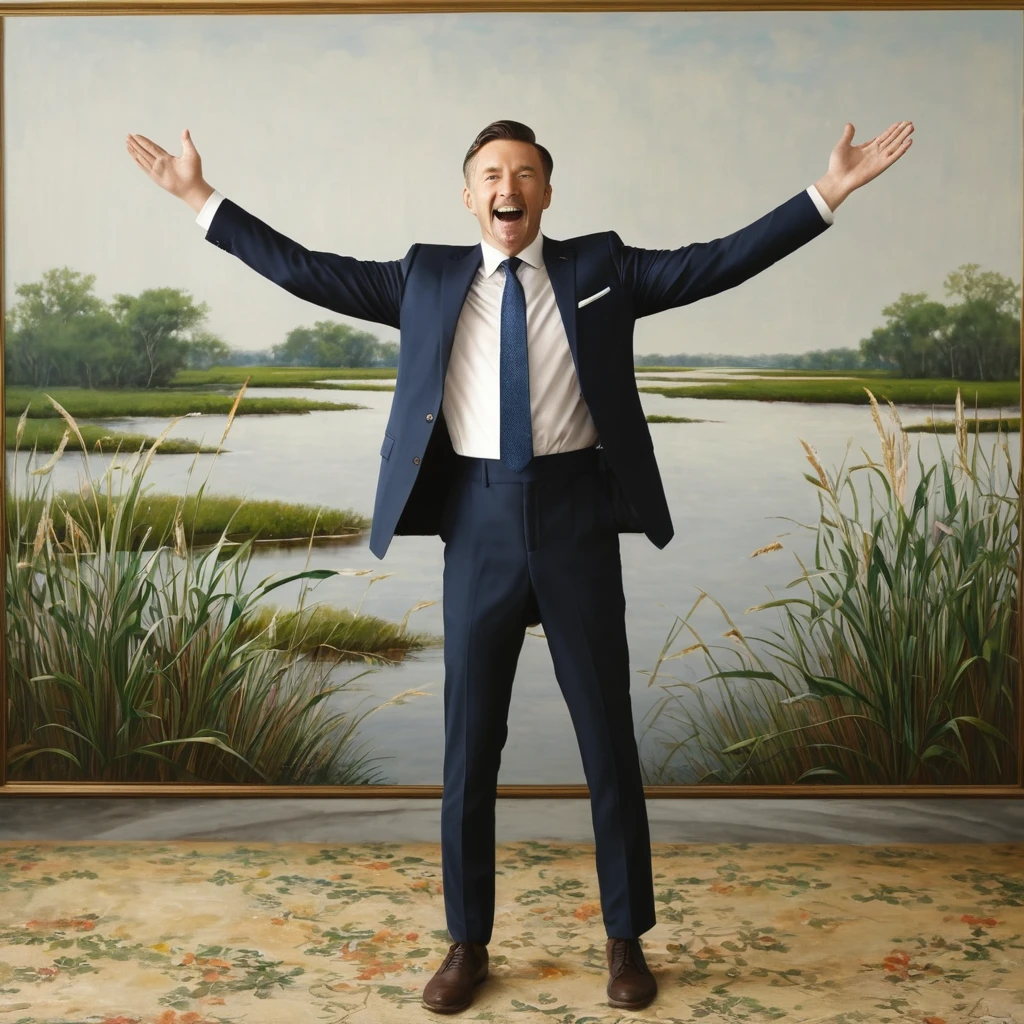 Plains Marsh,A 35-year-old man in a suit,in the middle,Back,Open your arms,Decorative paintings