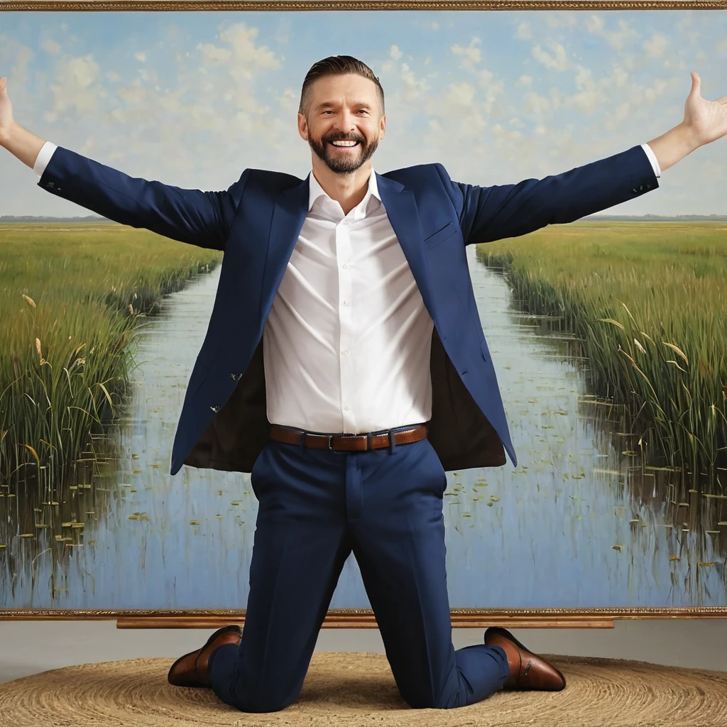 Plains Marsh，A 35-year-old man in a suit，in the middle，Back，Open your arms，Decorative paintings