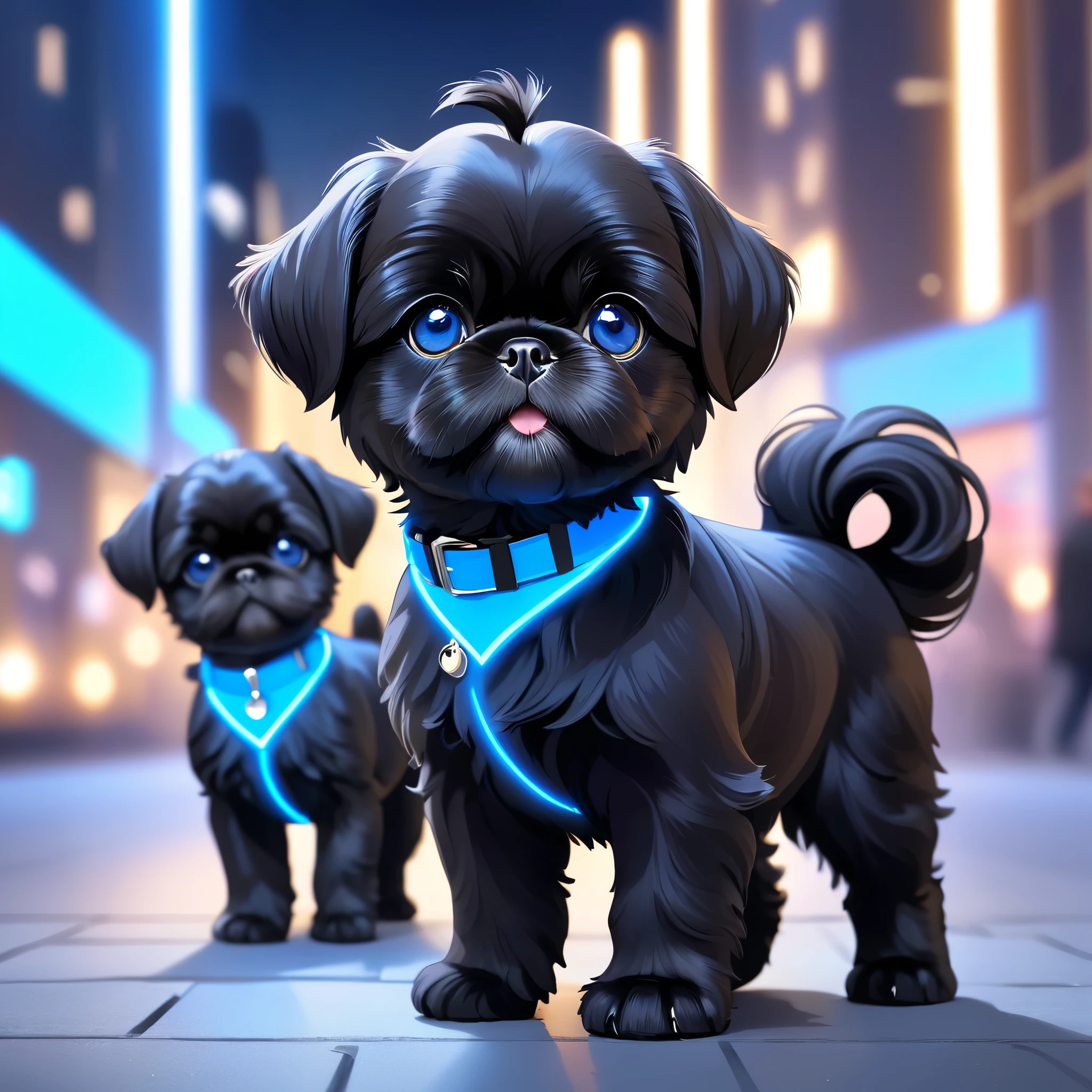 cute black black shih tzu puppies, glowing blue eyes, wearing glowing blue collars, blurred city background, cute numbers, 3D rendering, bright lights, vivid colors,