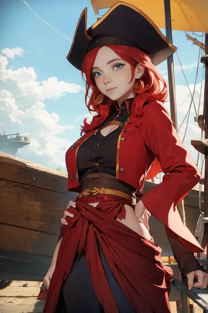 Ginger woman,1girll, freckles,28 year old,Red hair,double tails, Practical pirate clothing, (Long-sleeved pirate top), Skirt,Torn pirate hat, view the viewer, fantasy,(Pirate ship),Cinematic lighting,Masterpiece,