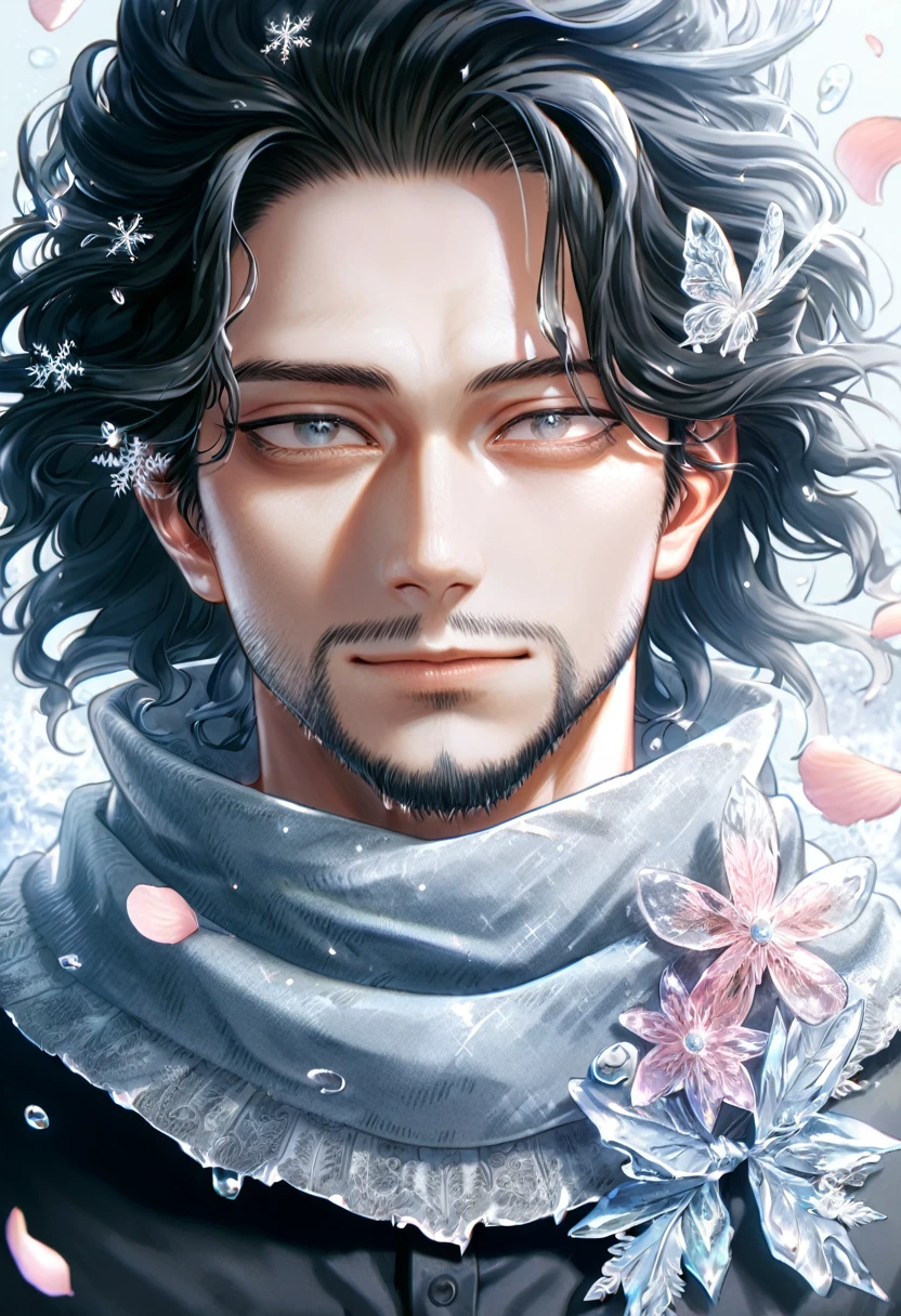 Ultra detailed, HDR, Highres, absurdres, master piece, Eraserhead, black hair, medium length hair, expressive gray eyes, faint beard, gray scarf, black shirt, Boku No Hero Academia, handsome, ice glittering butterflies, ice, petals, ice pink glass flowers, glittering, fantasy, magical, snowflakes, cold, handsome smile, solo, sexy man