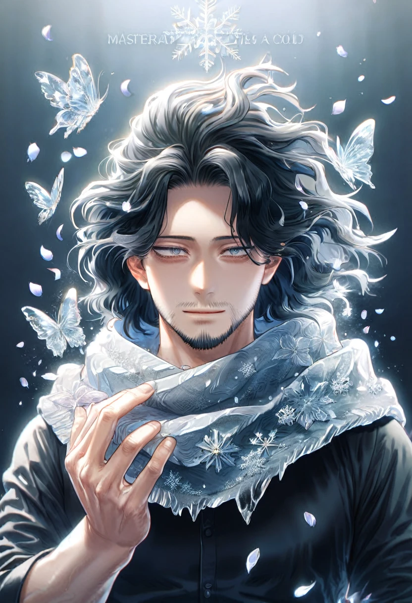 Ultra detailed, HDR, Highres, absurdres, master piece, Eraserhead, black hair, medium length hair, expressive gray eyes, faint beard, gray scarf, black shirt, Boku No Hero Academia, handsome, ice glittering butterflies, ice, petals, ice pink glass flowers, glittering, fantasy, magical, snowflakes, cold, handsome smile, solo, sexy man