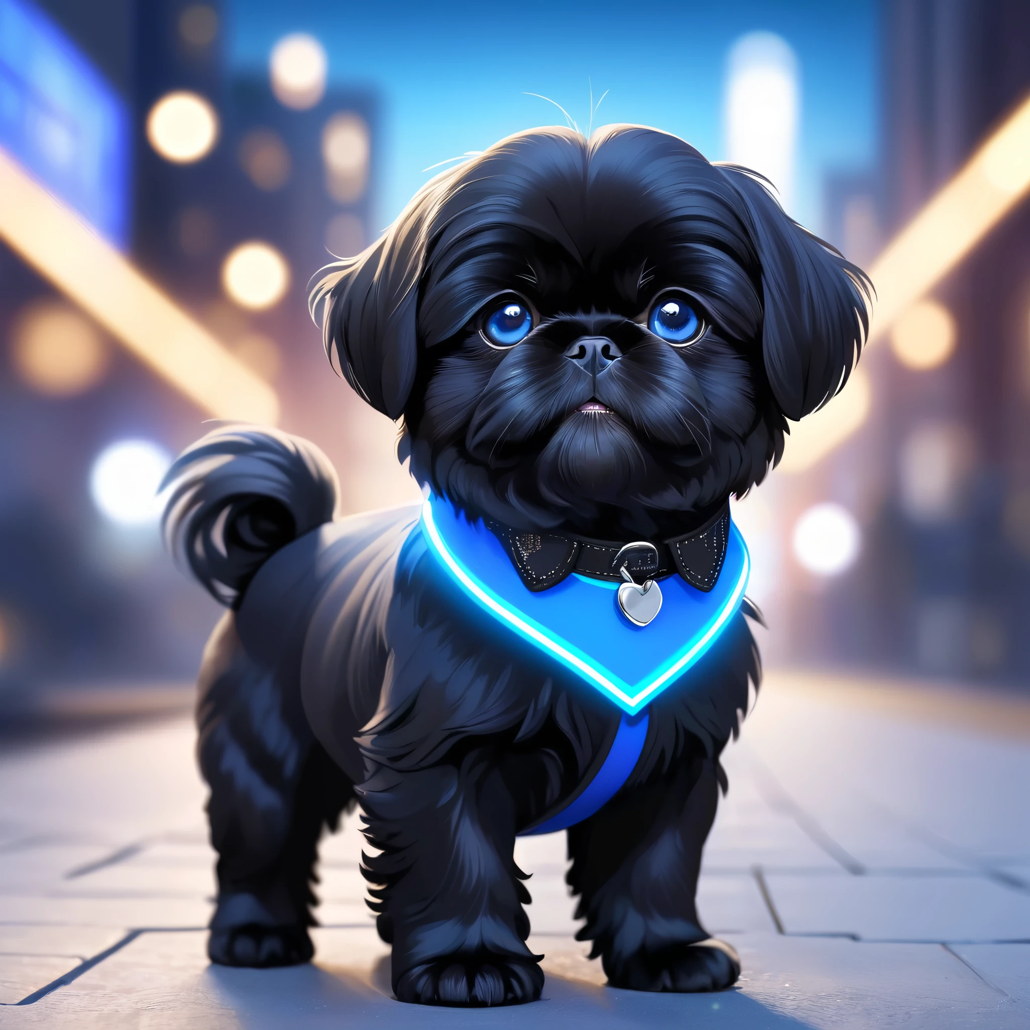 cute black black shih tzu puppies, glowing blue eyes, wearing glowing blue collars, blurred city background, cute numbers, 3D rendering, bright lights, vivid colors,