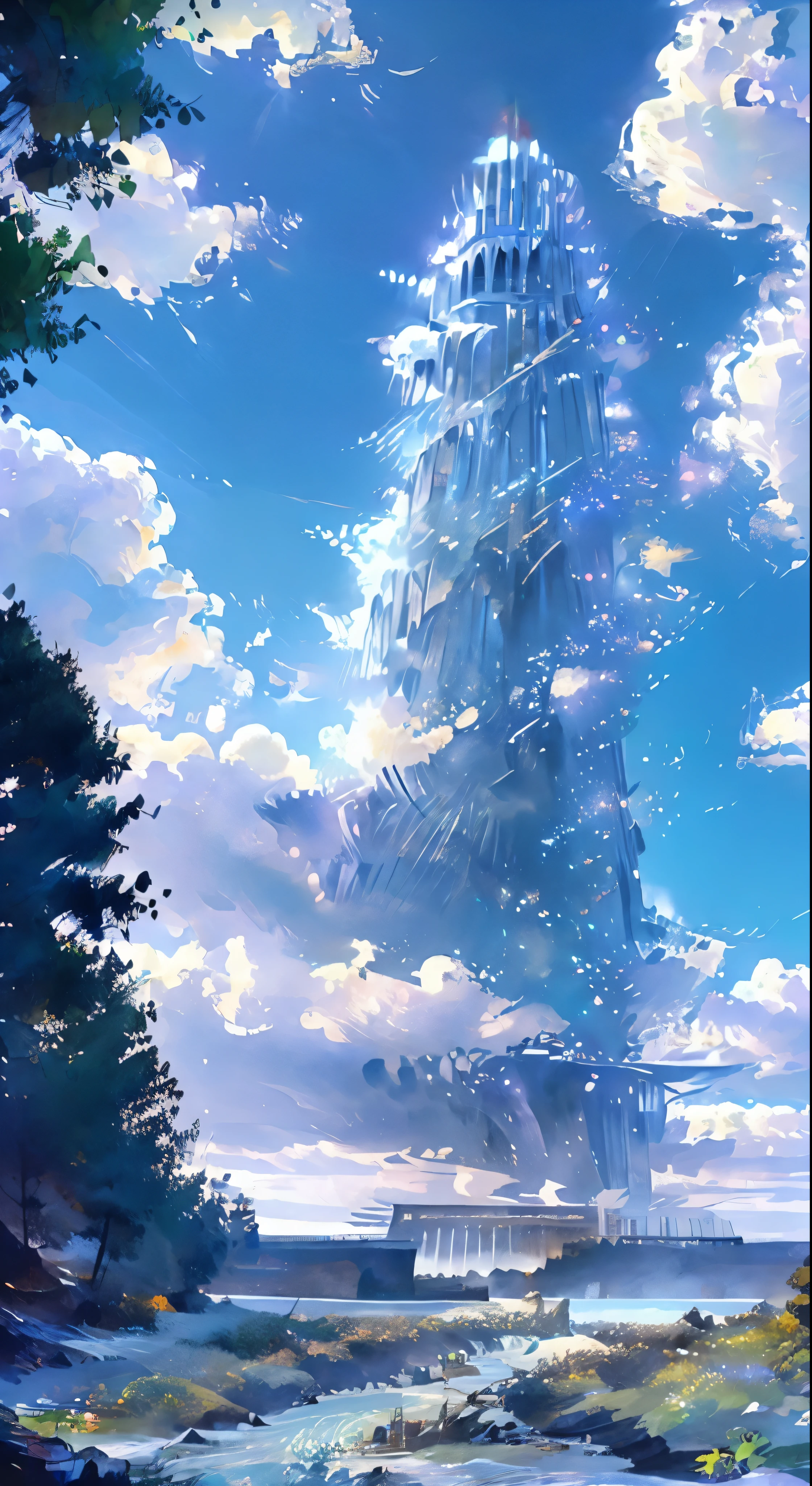 Masterpiece, best quality, high quality, extremely detailed CG unity 8k wallpaper, landscape, outdoor, sky, cloud, sky, no humans, mountain, landscape, water, tree, blue sky, waterfall, cliff, nature, lake, river , cloudy skies, award winning photography, bokeh, depth of field, HDR, bloom, chromatic aberration, photorealism, very detailed, trending on artstation, trending on CGsociety, intricate, high detail, dramatic, midjourney art