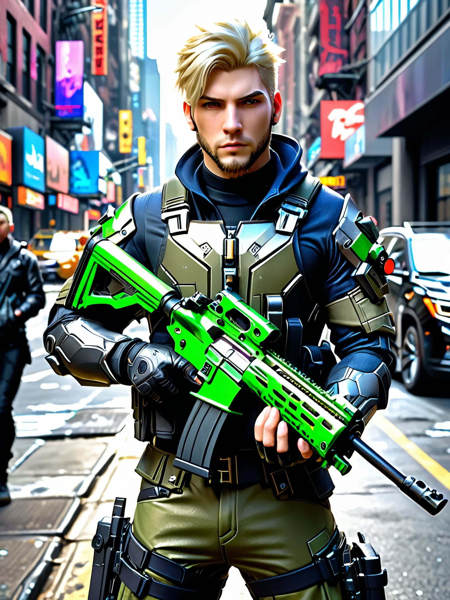 blond-haired man in military uniform (holding an (m4 carbine)) on a new york city street, solo, solo focus, cyberpunk street goon, hyper-realistic cyberpunk style, jetstream sam from metal gear, techwear look and clothes, cyberpunk streetwear, cyberpunk soldier, young blonde boy fantasy thief, soldier outfit, wearing techwear and armor, wearing japanese techwear, soldier 7 6 from overwatch, wearing cyberpunk streetwear, green eyes. (1car, motor vehicle, automobile, red chevorlet camaro).