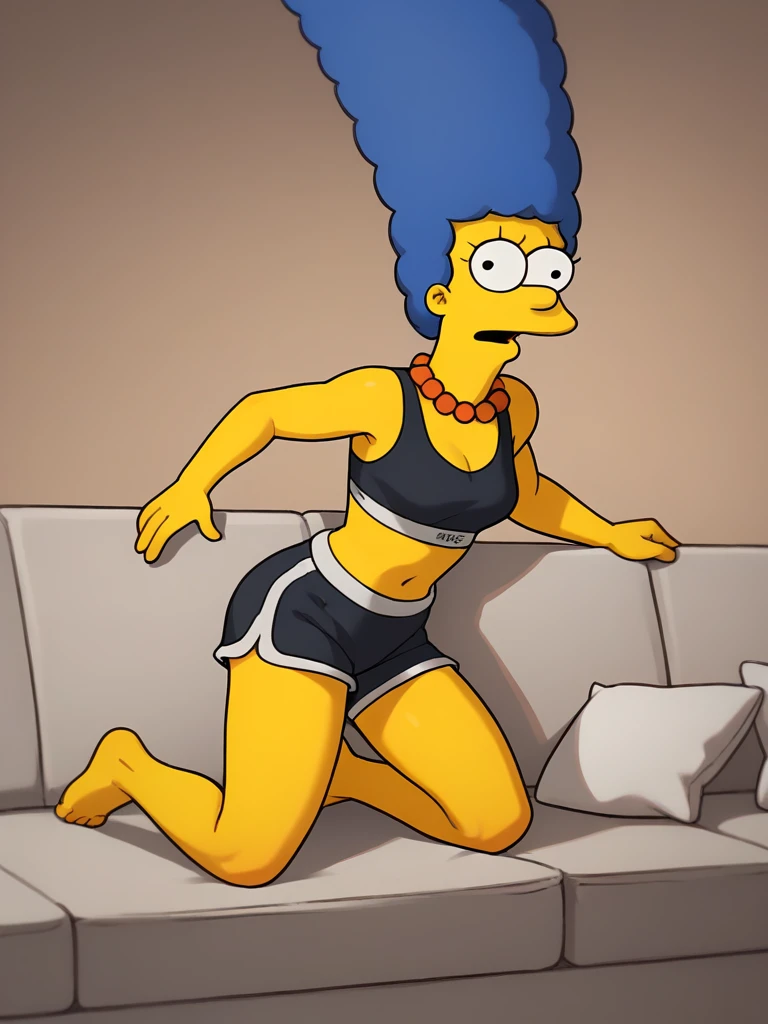 marges, blue hair, 1girl, solo, yellow skin, pearl necklace, running shorts, sports bra, sensual look, eye's half closed, score_9, score_8_up, score_7_up, score_6_up, score_5_up, score_4_up, facing viewer, kneeling on couch, portrait, full body,  zPDXL flat color,