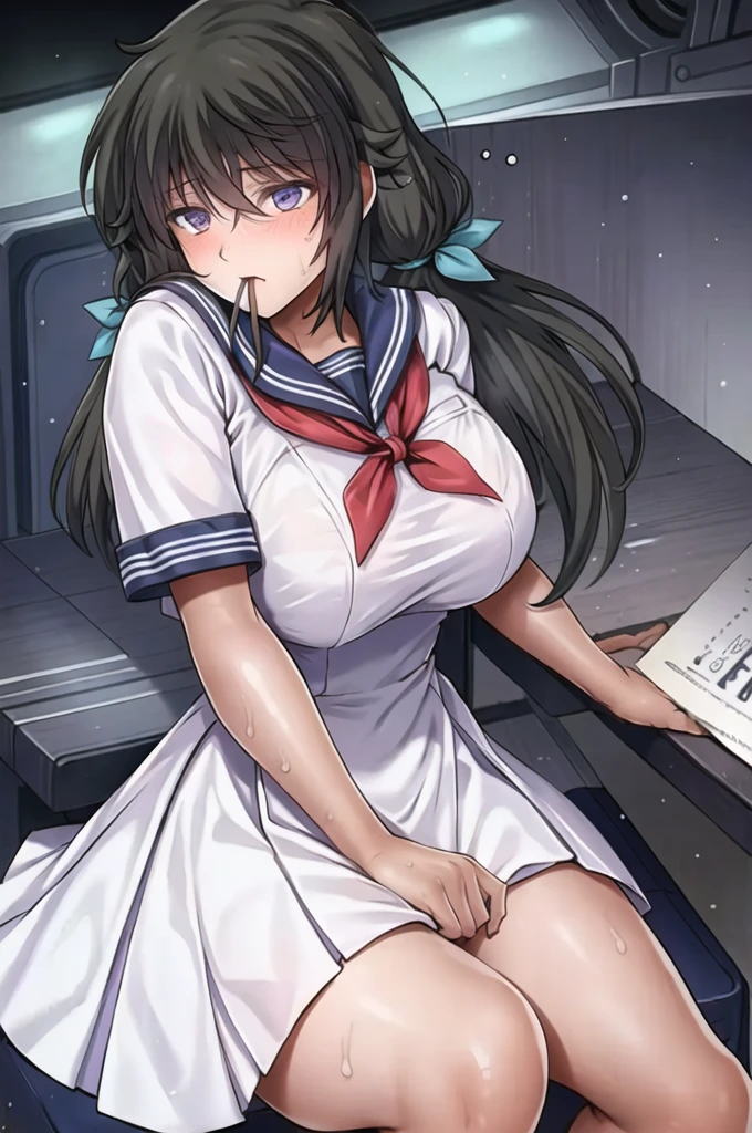 One girl, Highest quality, (masterpiece), (Highest quality),
 Cowboy Shot, looking at the camera, Composition from the front, Mouth closed, Seraphim,   Hair Ribbon, Sailor suit, Purple eyes, sanpaku,Sit on a chair, computer,Very large breasts、Used Condoms、soaked、Sweaty