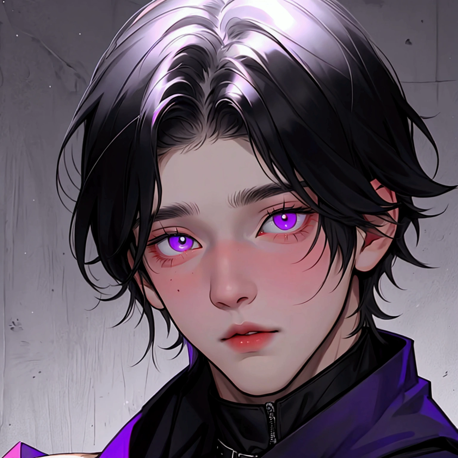 A young 16 year old boy violet eyes black hair below the shoulder with heterochromia white skin red lips with faint circles under his eyes a very shy boy