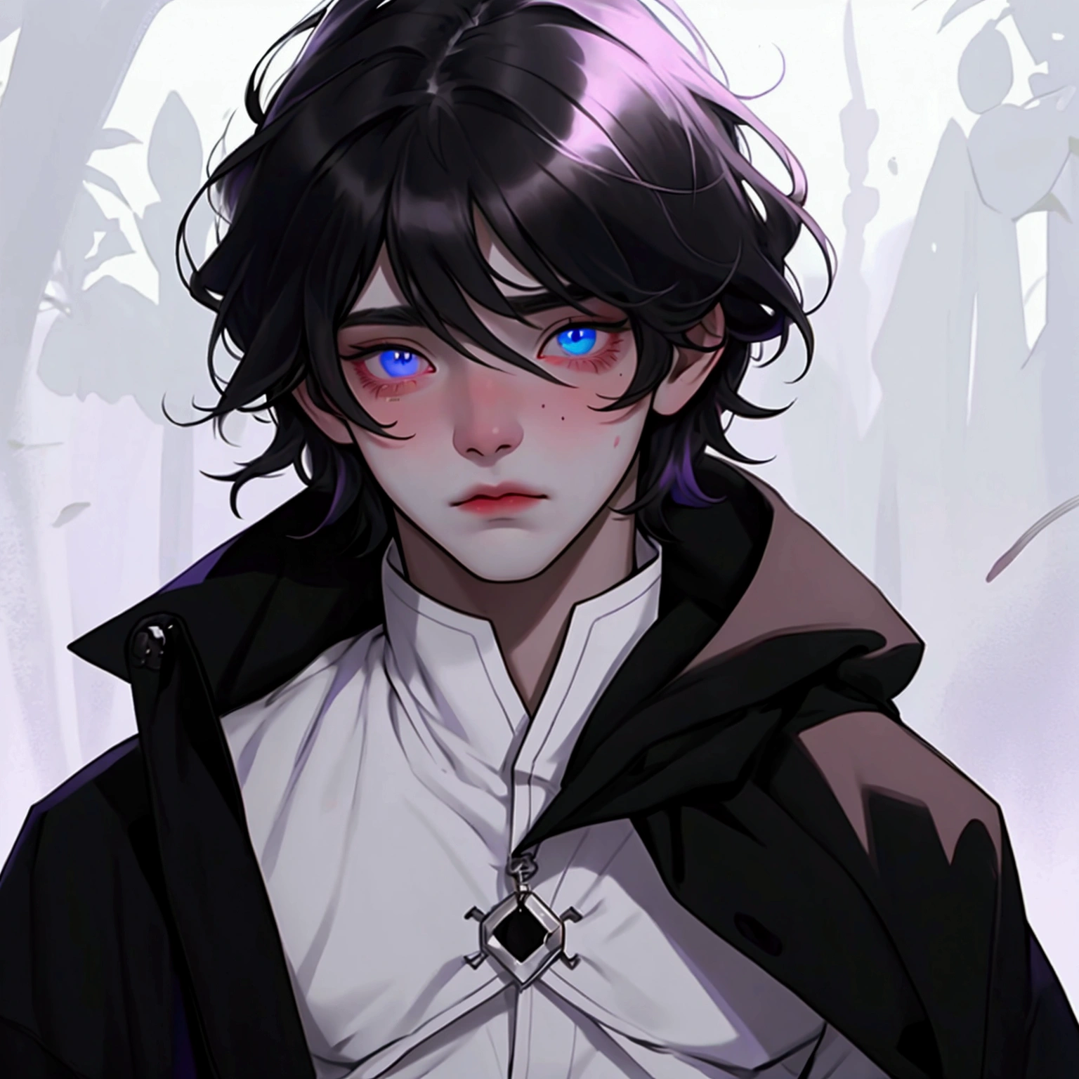 A young 16 year old boy violet eyes black hair below the shoulder with heterochromia white skin red lips with faint circles under his eyes a very shy boy