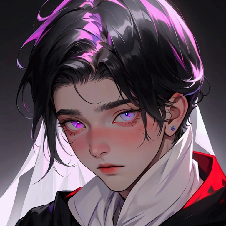 A young 16 year old boy violet eyes black hair below the shoulder with heterochromia white skin red lips with faint circles under his eyes a very shy boy